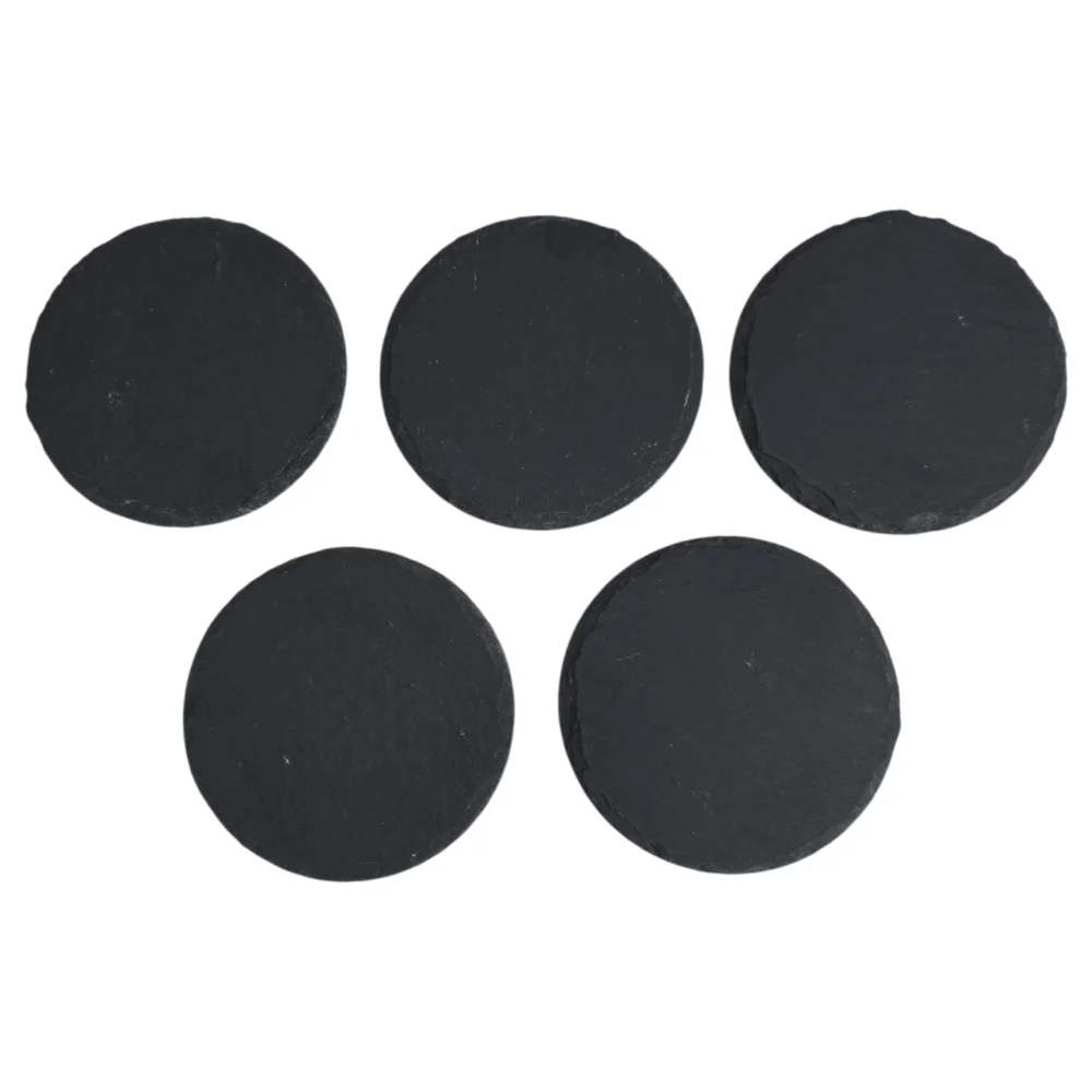 Set of 5 Jagged Slate Coasters Charcoal Gray Black Round Barware Home Essentials